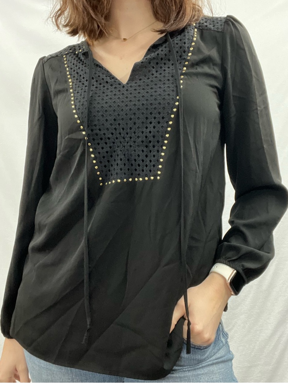 Jones New York Black Peasant Blouse with Gold Stud Accents
